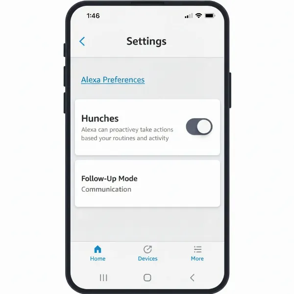 Screenshot of Alexa app settings for disabling Hunches.