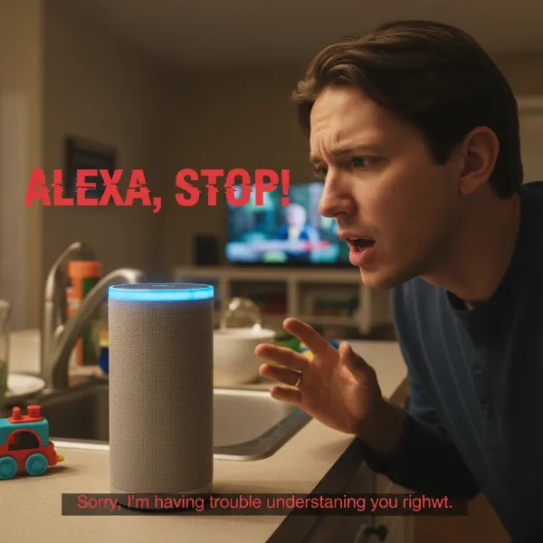 A person leaning close to a third-party Alexa speaker, struggling to be heard by the microphone in a busy room.
