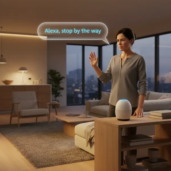 A person speaking to an Amazon Alexa device, with a speech bubble showing "Alexa, stop by the way."