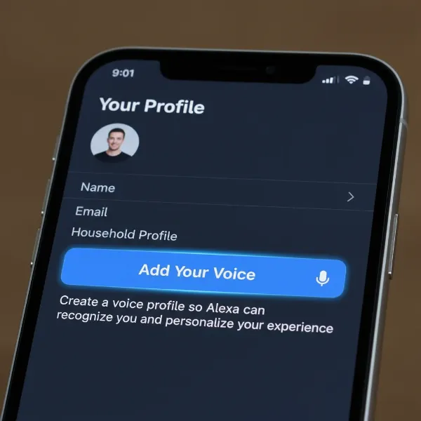 A smartphone screen showing the Alexa app with "Add Your Voice" option highlighted, symbolizing the setup of voice profiles on smart speakers.