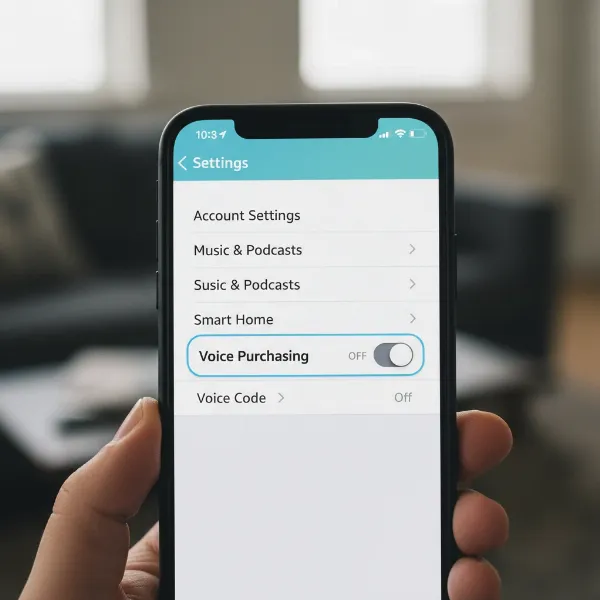 Alexa app screen showing voice purchasing settings and toggle to disable it