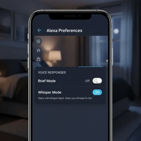 Screenshot of Alexa app settings demonstrating how to enable Whisper Mode for quiet responses at night