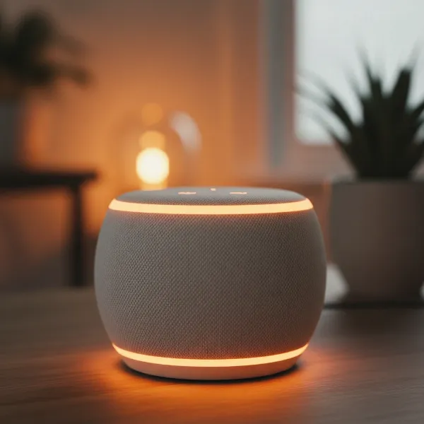 An Amazon Echo Dot device with an orange light ring, symbolizing a device being factory reset and ready for setup.