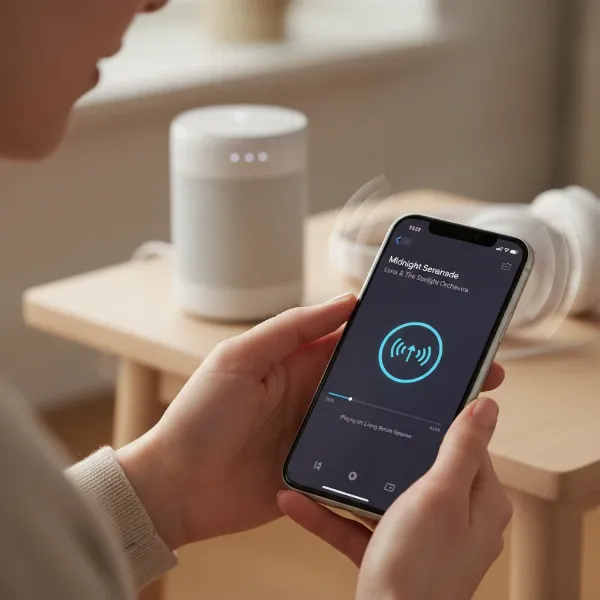 A smartphone with Apple Music playing, wirelessly connected via Bluetooth to a Google Nest speaker