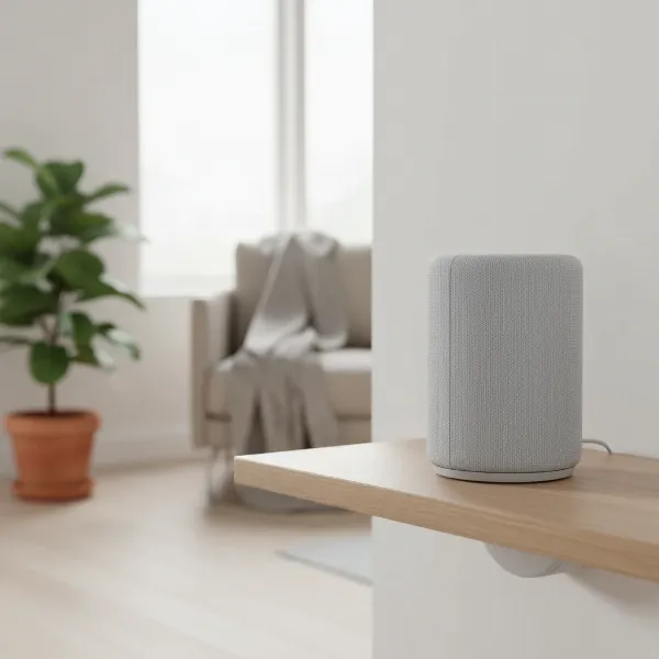 The Audio Pro G10 smart speaker in a light grey fabric, showcasing its compact cylindrical design and modern Scandinavian aesthetic.