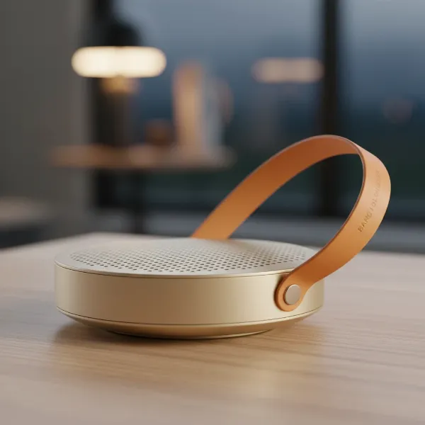 A Bang & Olufsen Beosound A1 (2nd Gen) smart speaker in a stylish, compact, circular design made of aluminum, with a leather strap.