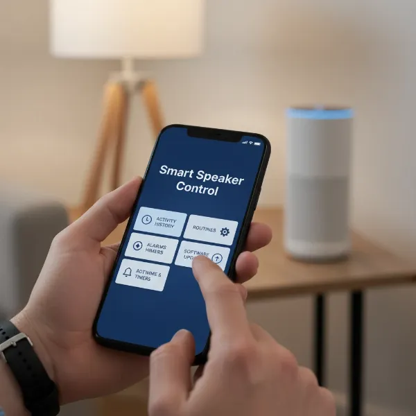 A hand holding a smartphone showing a smart speaker app, checking settings and updates.