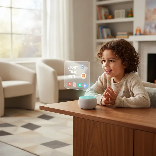 A child interacting with a smart speaker, demonstrating personalized voice recognition and age-appropriate content.