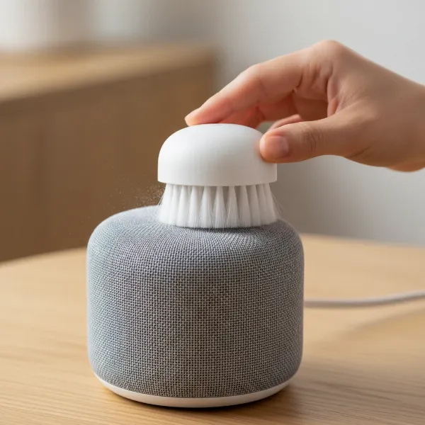A person gently cleaning smart speaker fabric mesh with a soft brush, illustrating dust removal.