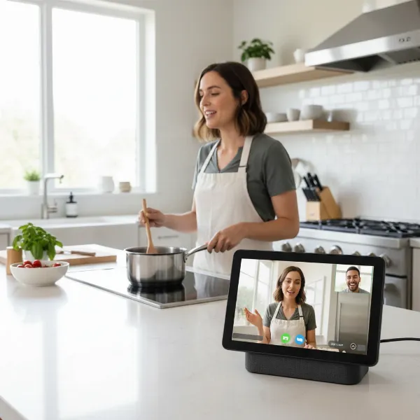 Woman on hands-free video call using Echo Show 8 (3rd Gen) in modern kitchen.