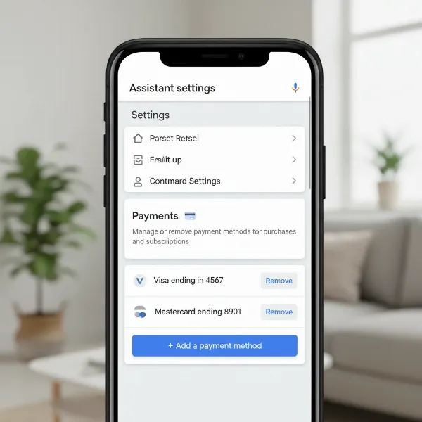 Google Home app screen demonstrating how to manage payment settings to prevent voice purchases