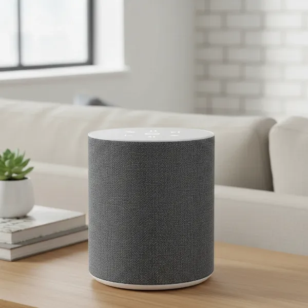 Harman Kardon Citation One smart speaker showcasing its premium Kvadrat fabric and elegant cylindrical design with touch controls.