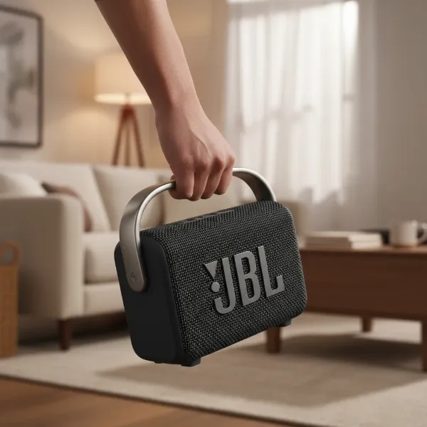A person gently carrying the JBL Authentics 300 by its handle, moving it within a home environment.