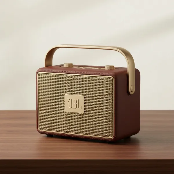 JBL Authentics 300 retro smart speaker with a handle, combining vintage design with smart features.