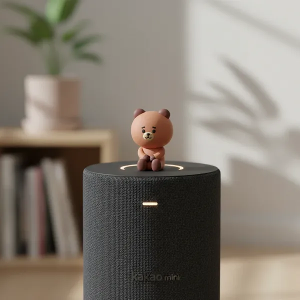 Close-up of Kakao Mini smart speaker with a detachable Ryan character figurine on top.
