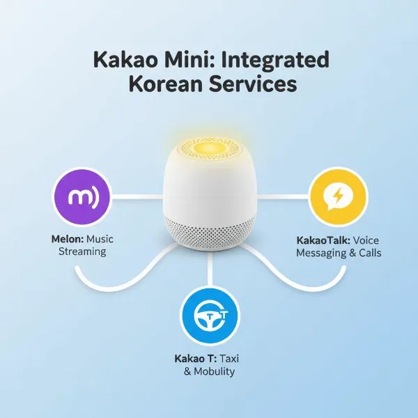 Infographic showing Kakao Mini connected to Melon, KakaoTalk, and Kakao T services.