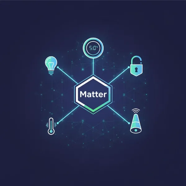 Conceptual illustration of Matter protocol unifying various smart home devices and ecosystems.