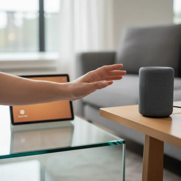 A person activating Guest Mode on a Google Nest Speaker with a voice command, showing privacy icon on a smart display.