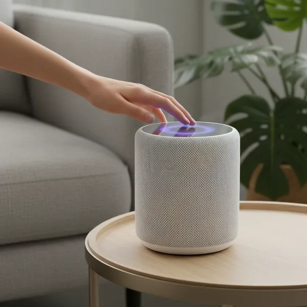 A person interacting with an Apple HomePod 2 in a modern living room setting.