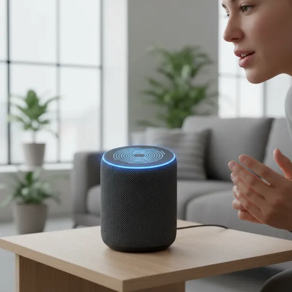 Person using voice commands to interact with a smart speaker, illustrating Siri or Alexa.