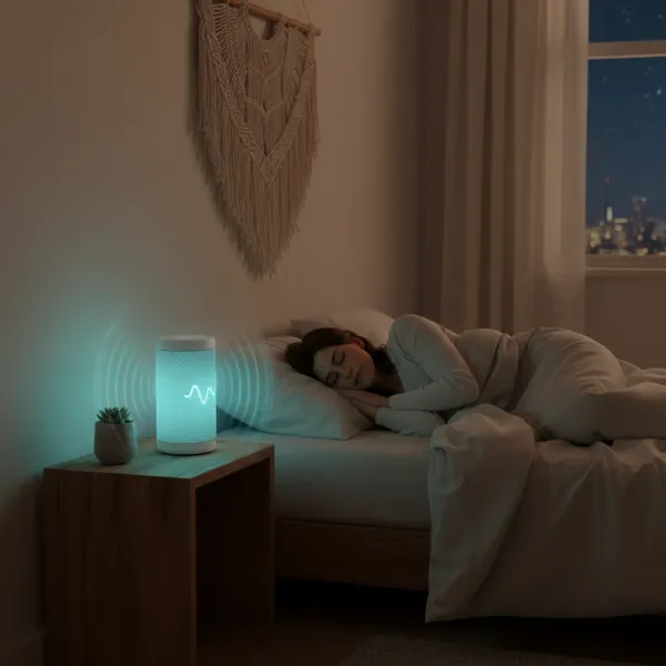 A person sleeping peacefully with a smart speaker subtly providing white noise for improved sleep. 