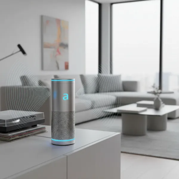 A sleek, high-end third-party Alexa speaker delivering rich, clear audio in a modern living room.