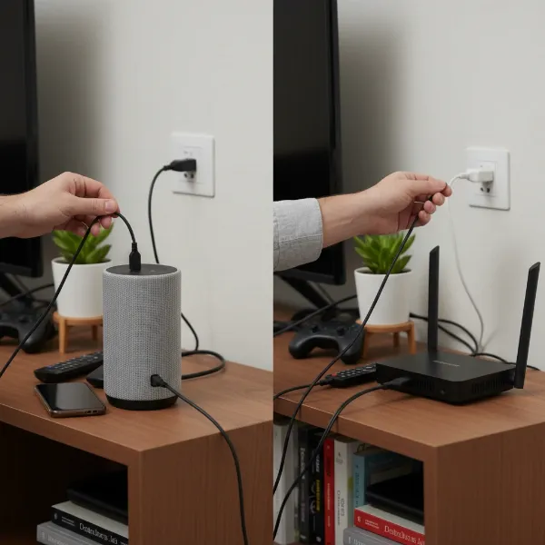 Hands unplugging and plugging in a smart speaker and a Wi-Fi router for troubleshooting.