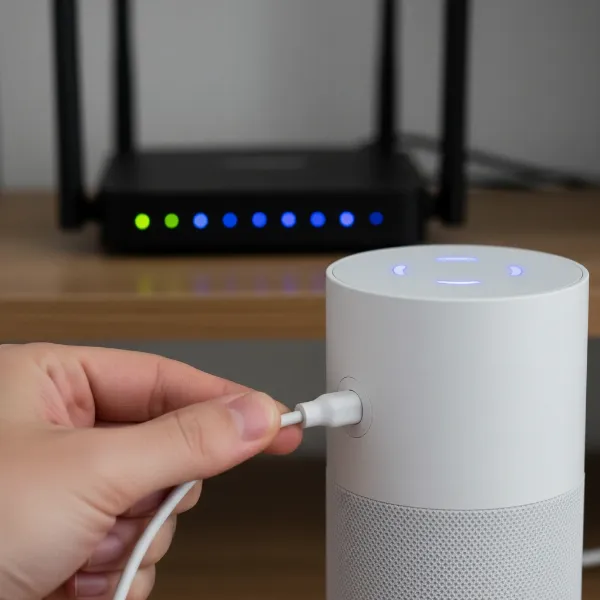 Hand unplugging a Google Home speaker with a Wi-Fi router in the background