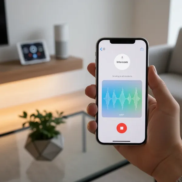 iPhone screen displaying Apple Home app with intercom message recording interface
