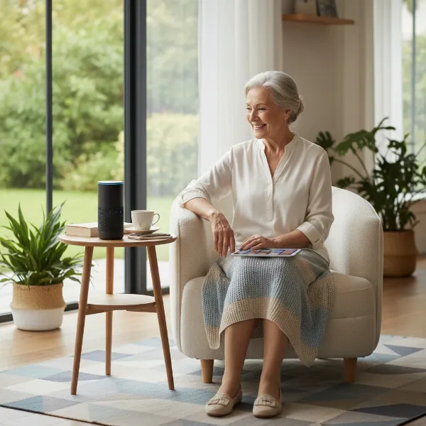 A senior woman comfortably sitting in her living room, smiling as she speaks to a smart speaker device.