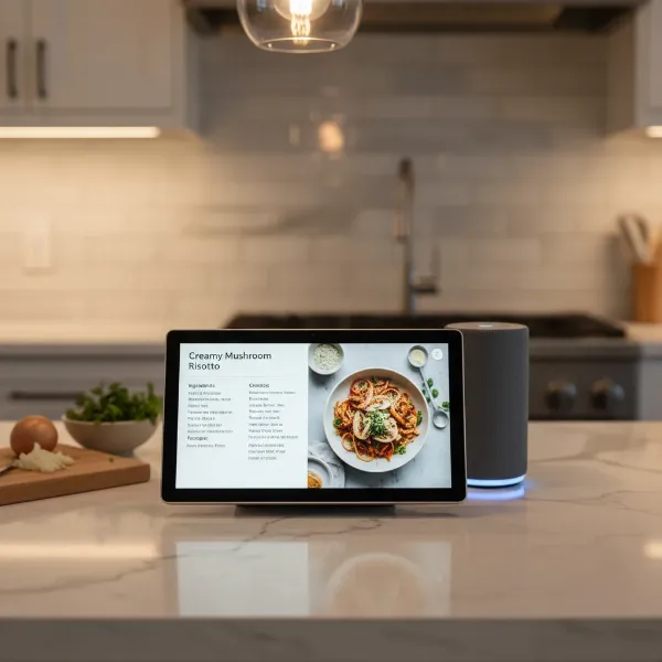 Smart display showing a recipe in a modern kitchen with a smart speaker in the background