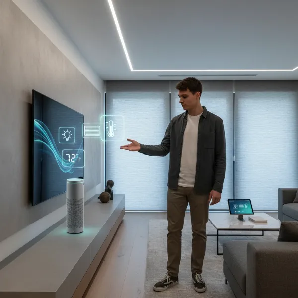 A person interacting with a smart speaker to activate a smart home routine, illustrating efficient automation.