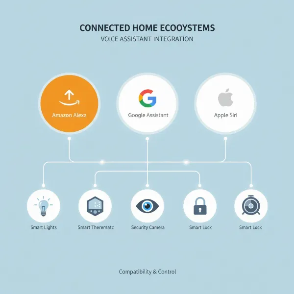 Visual representation of a smart home ecosystem controlled by various voice assistants like Alexa, Google Assistant, and Siri.