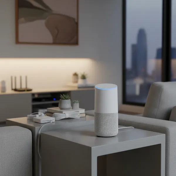 A Google Home speaker in a clean, modern living room with visible, tidy network cables/router
