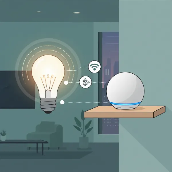 Smart light bulb connecting directly to an Echo device, illustrating Wi-Fi and Zigbee protocols with ambient smart home lighting.