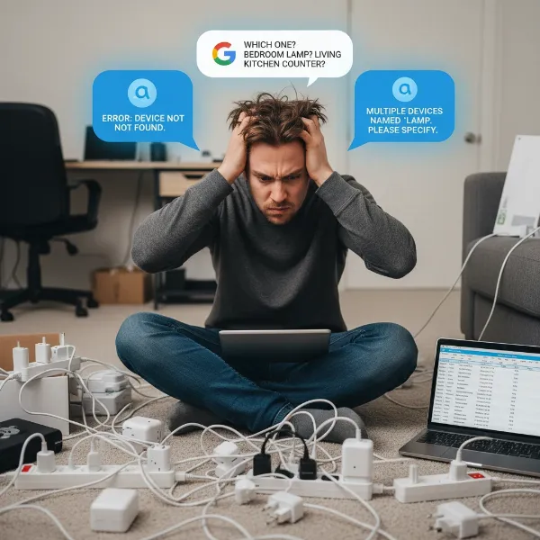 A frustrated person surrounded by smart plugs, with voice assistant icons showing error messages.