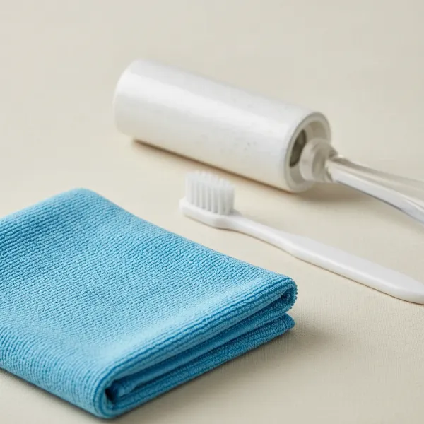 A collection of safe cleaning tools for smart speaker fabric mesh, including microfiber cloths, soft brush, and a lint roller.
