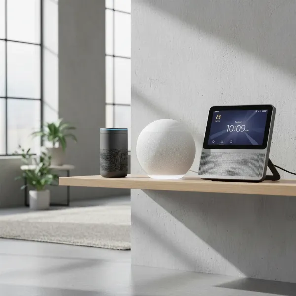 A diverse range of smart speakers showcasing different sizes and designs for modern homes.
