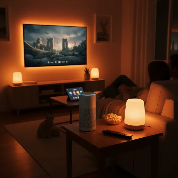 Smart speaker controlling a home theater setup for a movie night scene