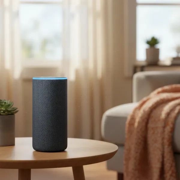 A smart speaker actively listening for emergency sounds in a modern living room setting
