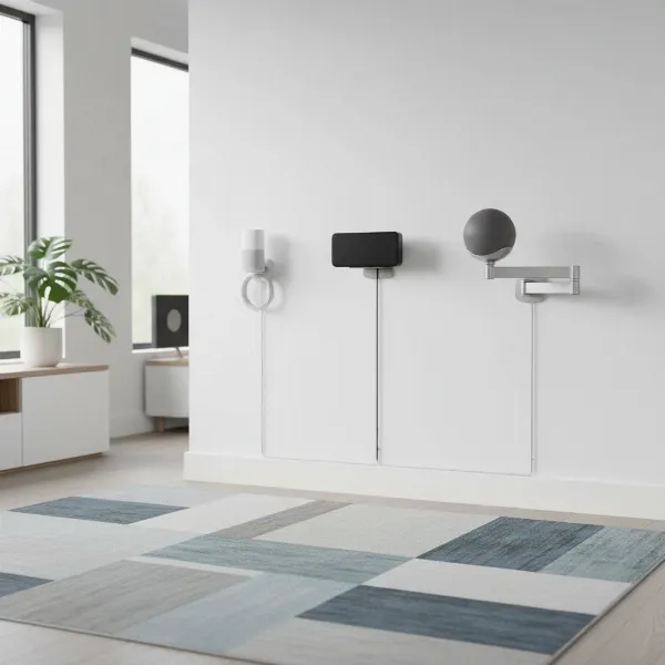 Various types of smart speaker wall mounts including fixed, articulating, and outlet hangers demonstrating versatility for home audio integration.