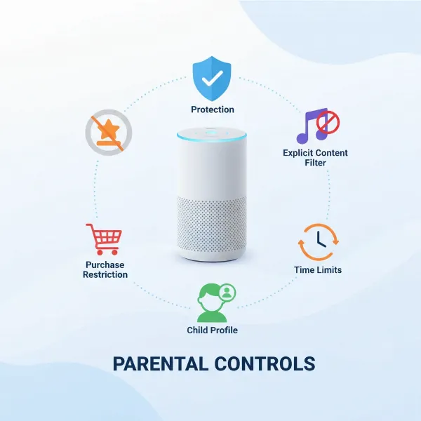 Icons representing various smart speaker parental control features like content filtering and time limits.