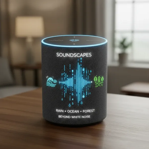 A smart speaker playing diverse nature sounds like rain or forest for relaxation. 