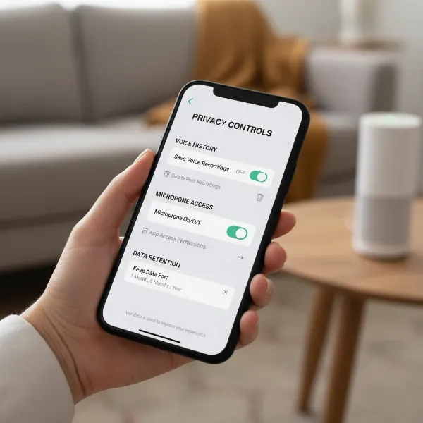 A hand navigating privacy settings on a smartphone app for a smart speaker, illustrating user control over data and privacy.
