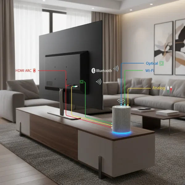 Illustrating various connectivity methods for smart speakers and TVs, including wired and wireless options.