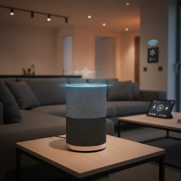 A modern smart speaker with glowing light, representing a virtual assistant processing voice commands and playing music.