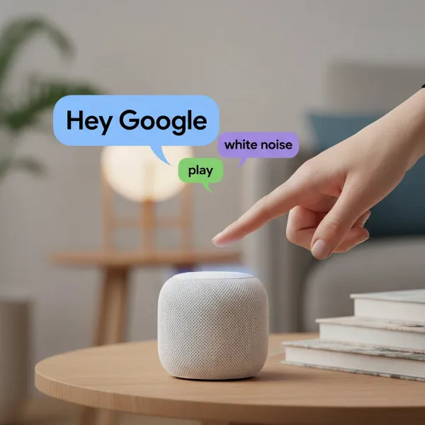 A hand giving a voice command to a smart speaker to activate white noise. 