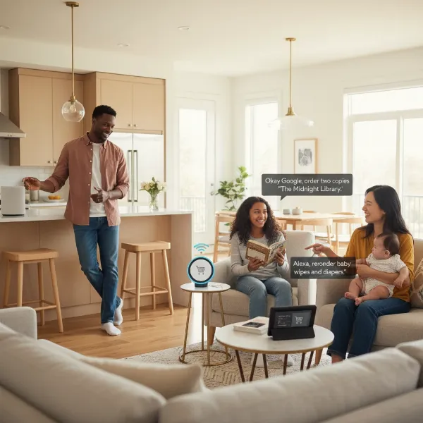 A diverse family using various smart speakers for voice shopping in a modern, smart home setting.