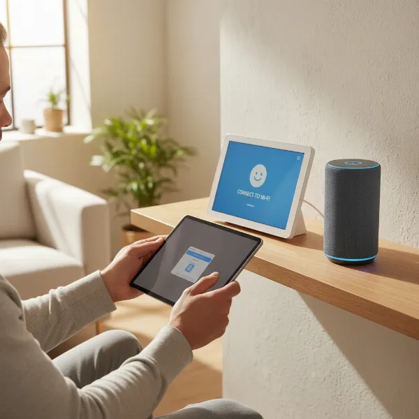 A person setting up a smart display and a smart speaker side-by-side