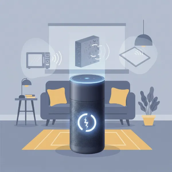An illustration showing a smart speaker with a broken Wi-Fi symbol, surrounded by common interference sources.